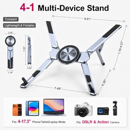 4-in-1 Adjustable Laptop Stand for desk with Magnetic Phone Holder & Camera Tripod, Foldable Aluminum Stand for Laptop, Tablet, Camera, Portable Ergonomic Desk Setup for Travel & Remote Work(Gun Gray)