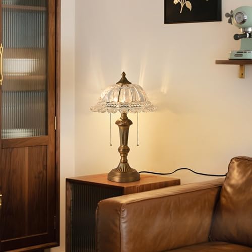 HDDFL Glass Shade Table Lamp Vintage Brass Metal Desk Lamp 2 Lights Table Light with Plug Switch for Bedroom Living Room Home Office
