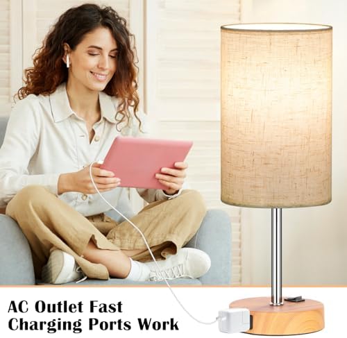 ZJOJO Wood Grain Table Lamp Set of 2 for Bedroom,Flaxen Fabric Shade, 13.8"