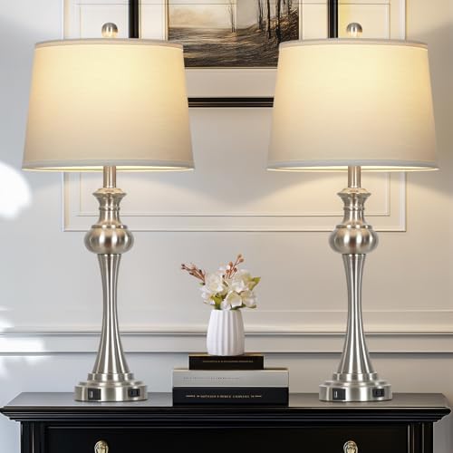 Cinyirong 28.75" Silver Table Lamps for Living Room,Touch Lamps for Bedrooms Set of 2 - Nightstand Table Lamp with USB C+A, 3 Way Dimmable Bedside Lamps End Tables Brushed Nickel