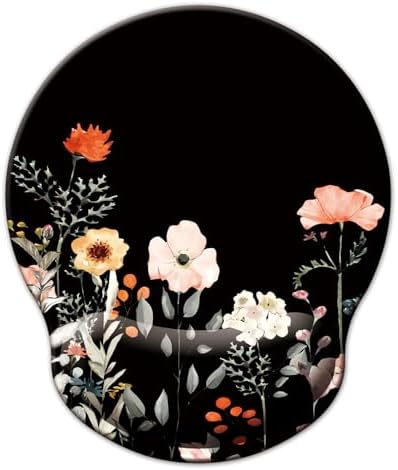 Mouse Pad with Wrist Support, Ergonomic Mouse Pad with Memory Foam Wrist Rest Cushion, Non-Slip Rubber Base Gaming Mice Pad for Home Office Computer Laptop, Flower Black