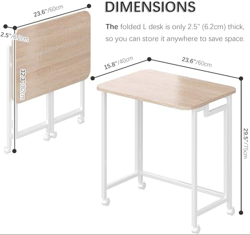 4NM 23.6" Mobile Small Rolling Computer Desk, Folding Laptop Cart Table with Wheels, Portable Office Desk for Small Space Couch Bed - Natural and White
