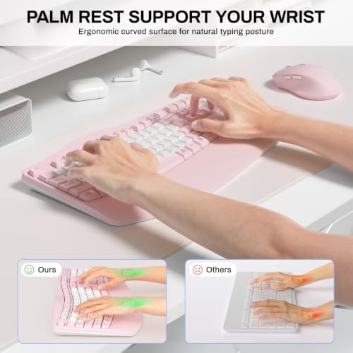 Wireless Keyboard and Mouse Combo,2.4G Ergonomic Wave Keys(Pink & White-B)