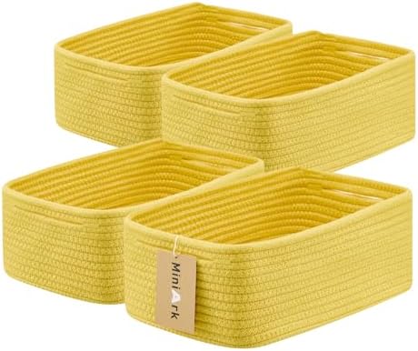 MiniArk Small Storage Baskets for Organizing | Closet Organizer Bins | Shelf Toy Basket | Woven Rope Baskets | Cube Decorative Box | Shallow Basket | 13x8.5x5.1” | 4 Packs Yellow