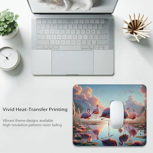 Flamingo Mouse Pad, Dreamy Lake and Exotic Birds Under Cloudy Sky Desk Mat