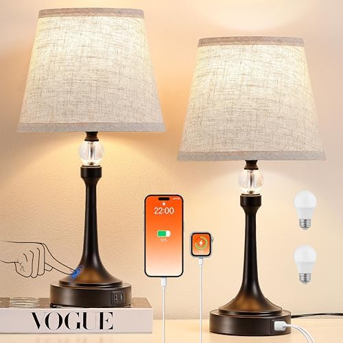 Touch Black Table Lamp Set of 2 with USB C+A Ports, Desk Lamp-19.7''