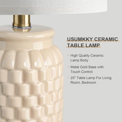 USumkky 25'' Touch Table Lamps for Nightstand Beige Ceramic -3 Way Dimmable