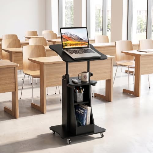 Tangkula Mobile Lectern Podium, Height Adjustable Podium Stand, Standing Sit-to-Stand Desk, Rolling Cart Laptop Desk with Swivel Top Movable Wheels & Storage