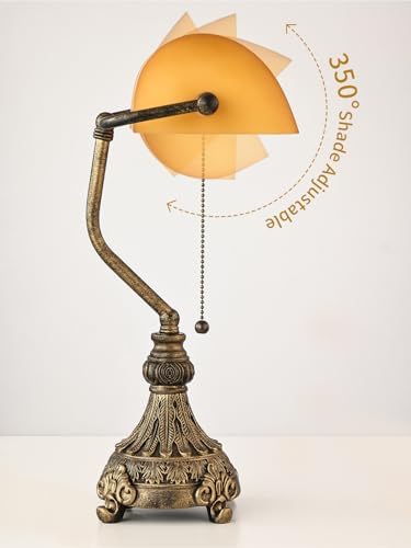Vintage Amber Glass Bankers Desk Lamp,LED Bulb Included