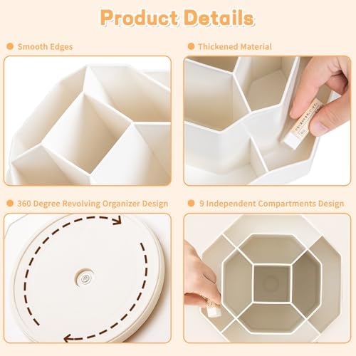 Cayxenful Pencil Pen Holder for Desk,9 Slots 360 Degree Rotating Desk Organizers,Desktop Storage Stationery Supplies Organizer, Cute Pencil Cup Pot For Office, School, Home(White)