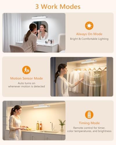 WILLED 5W Motion Sensor Magnetic Light Bar with Remote, Eye-Care Under Cabinet Lighting with Battery Level Display, Vanity Lights for Mirror, Stick on Lights for Cabinet, Closet, Desk and Bathroom