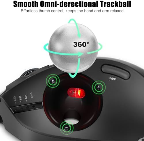 TRELC Wireless Trackball Mouse, Ergonomic Rollerball Mouse with 4800 DPI/7 Programmable Buttons, Thumb Control Mice, Rechargeable Optical Mouse for 3 Devices, for Windows, PC, Laptop, Tablet (Black)