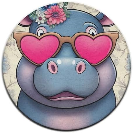 Large Machine Washable Circular Rugs, Home Decor Round Mat for Living Room Sofa Office Hippo with Heart Glasses