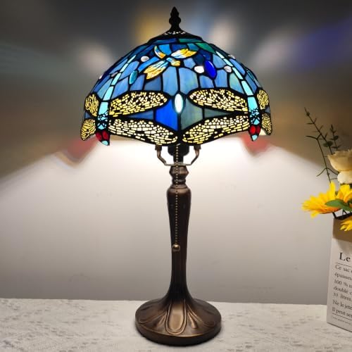 Tiffany Lamp Blue Dragonfly Stained Glass Table Lamp with 3-Color Temperature Vintage Bedside Nightstand Night Light for Bedroom Dorm Living Room Hallway Cottage Office Decor