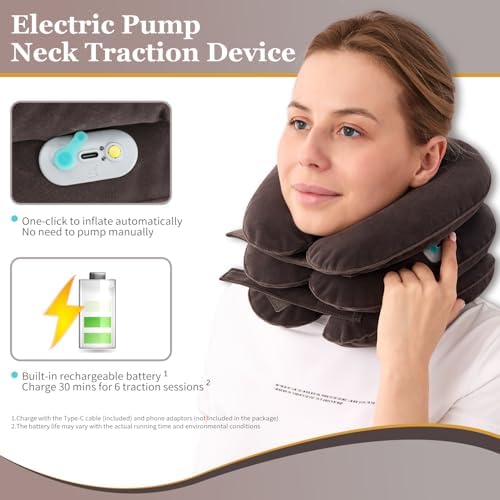 Electric Pump Cervical Neck Traction Device for Neck Pain Relief, One-Click-to-Inflate Neck Stretcher Support Brace for Home Use Neck Decompression (Built-in Battery & Motor Powered) Gray