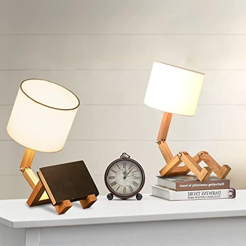 Robot Desk Lamp Set of 2, Creative Bedside Lamp for Bedroom,Wooden Lamp Body Adjustable,DIY E26 Living Room Table Lamps with Fabric Shade,Modern Indoor Decorative Lighting, TB-QBT005-WHM2