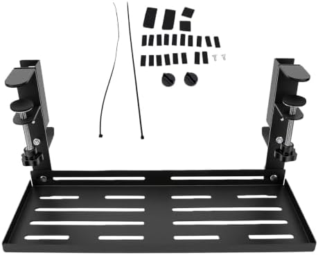 Under Desk Cable Management Tray No Drill, Black Carbon Steel Metal Cord Organizer with Clamp Mount, Huge Load Capacity, with Accessories for Home Office Standing Desk