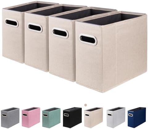 4 Packs Letter Size File Organizer, File Folders Organizer, Fabric Storage Box, Collapsible Paper Organizer with Metal Handle, Smooth PVC Rails, Only Box (Beige)