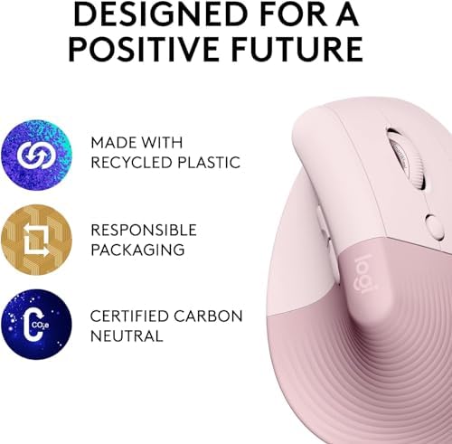 Logitech Lift Vertical Ergonomic Mouse, Wireless, Bluetooth or Logi Bolt USB Receiver, Quiet clicks, 4 Buttons, Compatible with Windows/macOS/iPadOS, Laptop, PC - Rose (Renewed)