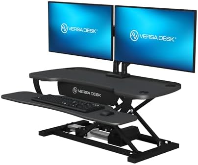 VERSADESK PowerPro 36 Inch Electric Standing Desk Converter – Push-Button Height Adjustable Sit to Stand Desk Riser for Dual Monitors & Laptop – Motorized Desktop Workstation with Wide Keyboard Tray