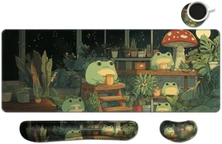 Desk Mat, Large Gaming Mouse Pad with Wrist Rest, 4 in1 XXL Mouse pad+Keyboard Wrist Rest+Mouse Pad Wrist Support+Cup Coaster Set, Ergonomic Desk Pad for Home Office,Cute Frog