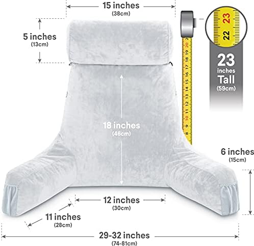 Husband Pillow Medium Reading Pillow with Arms - 23" Backrest for Sitting Up in Bed - Firm Support Bed Rest Pillow for Adults, Neck Roll, Removable Cover - TV, Reading, Lounging - Light Grey