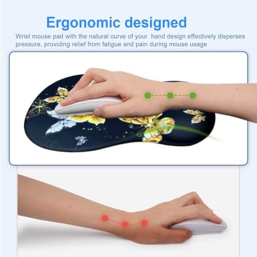 Ergonomic Mouse Pad with Gel Wrist Support, Comfortable Wrist Rest Mousepad with Non-Slip PU Base for Pain Relief, Desk, Home & Office (Golden Butterfly)