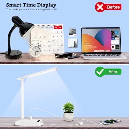 Smart Desk Lamp with 4-in-1 Charging Station (2 AC outlets, Type-C, USB-A ports), 5 color temperatures and 5 brightness levels, adjustable gooseneck arm, eye-friendly lighting for desks, bedrooms