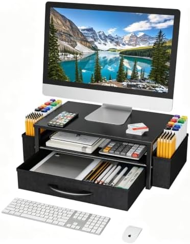 Ekisemio Desk Organizer and Accessories, 2-Tier Computer Monitor Stand Riser with Drawer & 2 Pen Holders - Multi-Functional Desk Organizer for Laptop, Printer & Home Office Supplies, Black