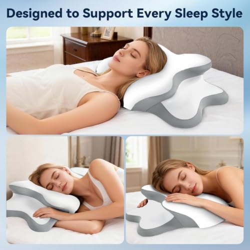 Ergo Pillow for Sleep Apnea, Neck Pain & Snoring Relief, Cervical Neck Pillow for Side Sleeper,Orthopedic Memory Foam w/Ergonomic Neck Support, Medium Soft (White, Queen Size)