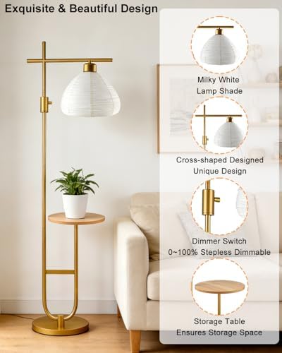 Gold Floor Lamp with Table, 66IN Tall Standing Lamp Rotary Switch