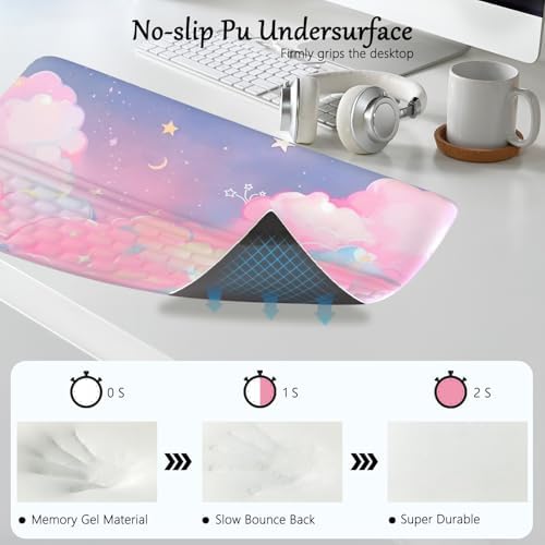 Computer Keyboard Stand Pad with Wrist Rest Pink Cloud Keyboard Pad Support with Comfortable Moon Galaxy Stars Wrist Pad Cute Girl Ergonomic Tilted Keyboard Riser Holder for Desktop Office Home