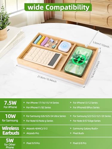 Bamboo Valet Tray with Dual Wireless Charger - EDC Nightstand Organizer for Men - Desk Tray & Catchall for Phone, Watch, Keys - Aesthetic Desk Accessories & Father’s Day Gift for Men (Natural)