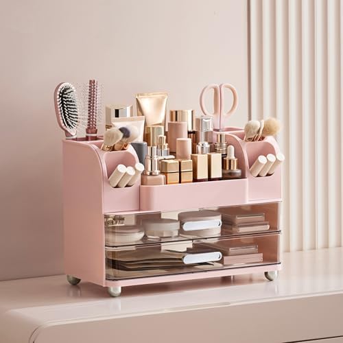 HBlife Makeup Organizer for Vanity with Brush Holder, Large Bathroom Countertop Cosmetic Organizer Skin Care Storage, Easy to Store Lipsticks, Nail Polishes, Perfumes, Eyeshadow Palettes, Pink