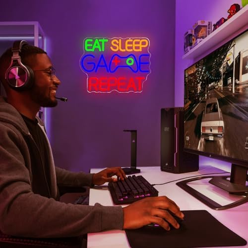 Eat Sleep Game Repeat Neon Sign Gaming LED Sign for Boys Room USB Powered Light Up Gamer Sign Decor for Man Cave Bar Bedroom Gaming Room Neon Wall Art for Men Gifts for Boys