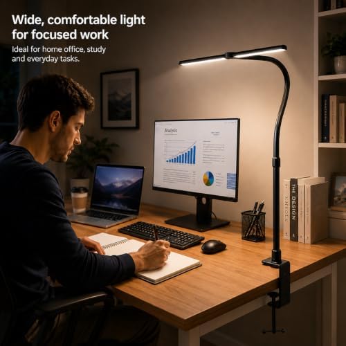 LED Desk Lamp with Clamp, Double Head Dimmable Clip On Light, 5 Color Modes, Eye-Caring Gooseneck Desk Lamp for Home Office, Study, Reading, Workbench & Small Desk – Black