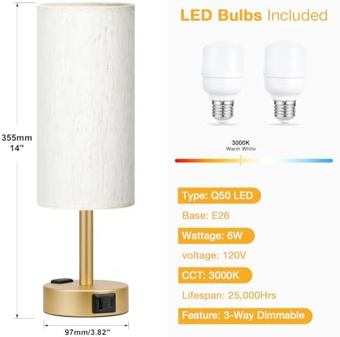 Touch Bedside Table Lamps Set of 2 - Bedroom Lamp with USB A+C, AC Outlet