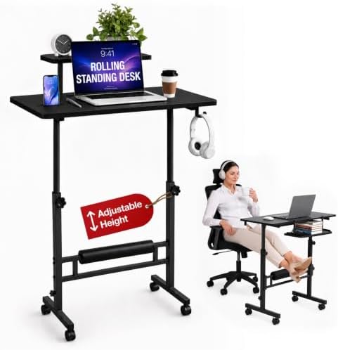 Small Rolling Desk with Wheels, Adjustable Height 27"-43.3" Portable Standing Desk, 31.5"x15.7" Tabletop, Mobile Laptop Computer Table for Home Office Workstation, Black