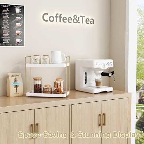 Forbena White and Gold Bathroom Counter Organizer, 2 Tier Makeup Vanity Organizer Countertop, Bathroom Sink Skincare Shelf Tray Organizers and Storage for Perfumes Lotions Kitchen Coffee Bar Decor