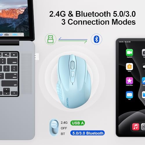 TECKNET Wireless Mouse, BT 5.0/2.4G, Rechargeable 6-DPI Silent, Lightblue