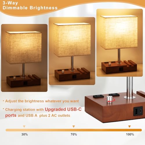 Brown Wood Grain Bedside Lamp - Stepless Dimmable, USB C+A, 2 AC Outlets