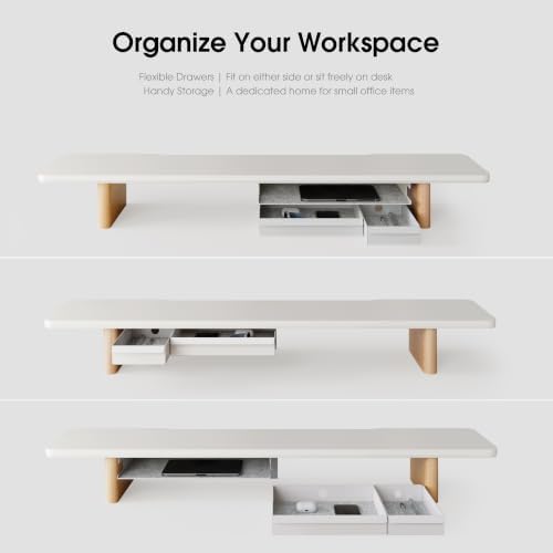 Fenge 42.5" Dual Monitor Stand with Storage Drawer & Solid Wood Legs