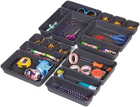 Set of 16 Interlocking Desk Drawer Organizer Tray Dividers Plastic Shallow Narrow Drawers Organizers Separators and Storage Bins Container for Kitchen Bathroom Makeup Office Vanity Bedroom Dresser