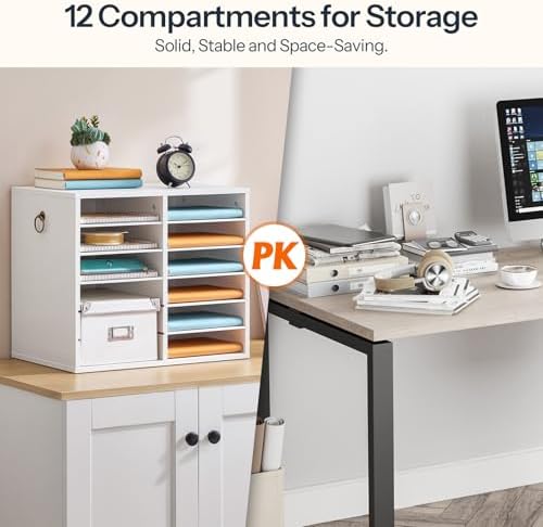 HOOBRO Literature Organizers, 12 Compartments Office Mailbox with Adjustable Shelves, Wood Countertop Literature Sorter for Office, Home, Classroom, Mailrooms Organization White WT12WF01