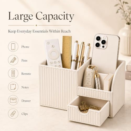 KINGFOM Luxury PU Leather Desk Organizer with Drawer, Modern Aesthetic Office Desk Accessories for Women, Multi-Compartment Pen Holder & Desktop Storage Organizer for Home Office, Cream White