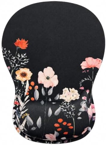 Mouse Pad with Wrist Rest Ergonomic Memory Foam Support, Non-Slip Rubber Base, Comfortable Typing Cushion for Home Office Computer Laptop, Flower Black