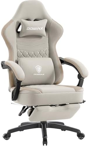 Dowinx Gaming Chair Breathable Fabric Game Chair with Gel Pad and Storage Bag, Comfortable Gamer Chair with Pocket Spring Cushion, Ergonomic Computer Chair with Footrest, Beige and Brown