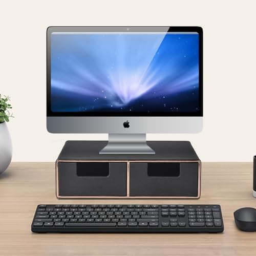 Linen Leather Desk Organizer and monitor stand with Drawers－Mini Desktop Drawer Organizer Stackable－Tabletop Organization Storage Box for Office Supplies Home Vanity Toiletries (Black, 2-drawers)