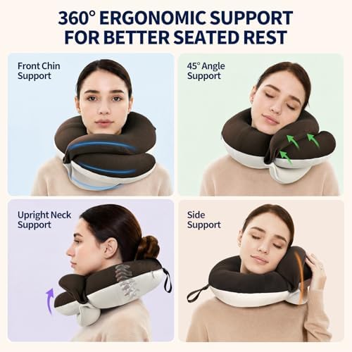 BUYUE Travel Neck Pillows for Airplanes, Memory Foam 360° Head Support Sleep for Long Flight, Skin-Friendly & Breathable, Kit with Eye Mask, Earplugs and Storage Bag (Adult, Brown, 90+ lbs)