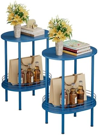 Blue Oval Nightstand Set of 2, Small Modern Round Side Table with Storage